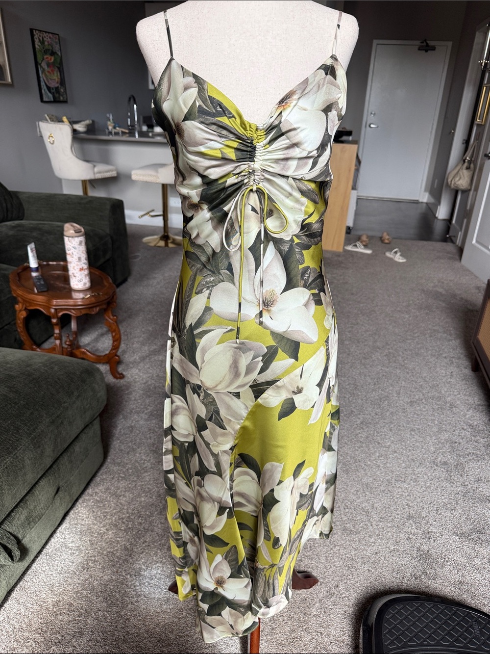 All Saints Floral Ruched Midi Slip Dress in Chartreuse Green